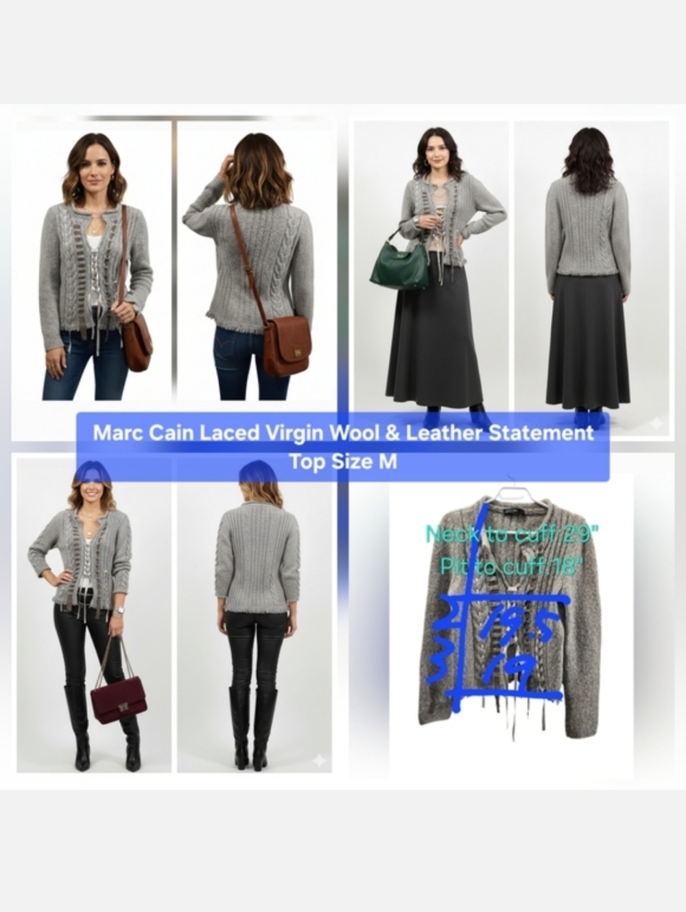 ​Marc Cain Laced Virgin Wool & Leather Statement Sweater Size US M